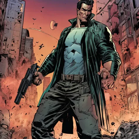 "Marvel hero Punisher, Action in a ruined city"