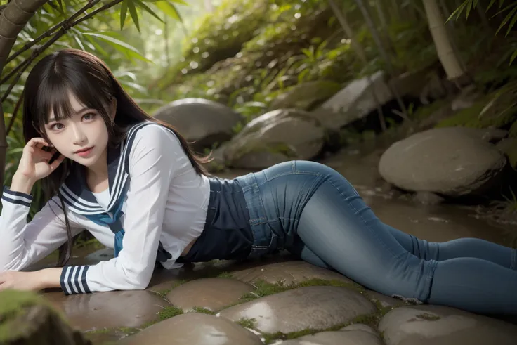 a pregirl，ssmile, looking at viewert, sailor uniformm,skintight jeans，photore, realisticlying, Best quality at best, employee, 详细的脸，Lying on a large mossy stone in a bamboo forest， diffuselighting, depth of fields