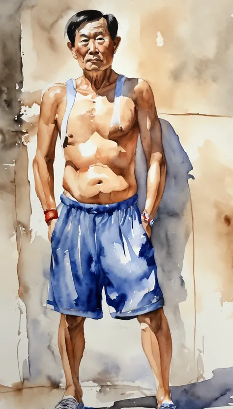 On the sidewalk stood a Chinese man in blue shorts。。, age 55，Inspired by the portrait of Yves Klein, shutter inventory, Photorealism, Blue shorts, Bare-chested shoulders, Short middle-aged man, sweat shorts,, is wearing a shorts, Athletic shorts, Short sho...