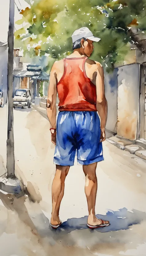 On the sidewalk stood a Chinese man in blue shorts。。, age 55，Inspired by the portrait of Yves Klein, shutter inventory, Photorealism, Blue shorts, Bare-chested shoulders, Short middle-aged man, sweat shorts,, is wearing a shorts, Athletic shorts, Short sho...