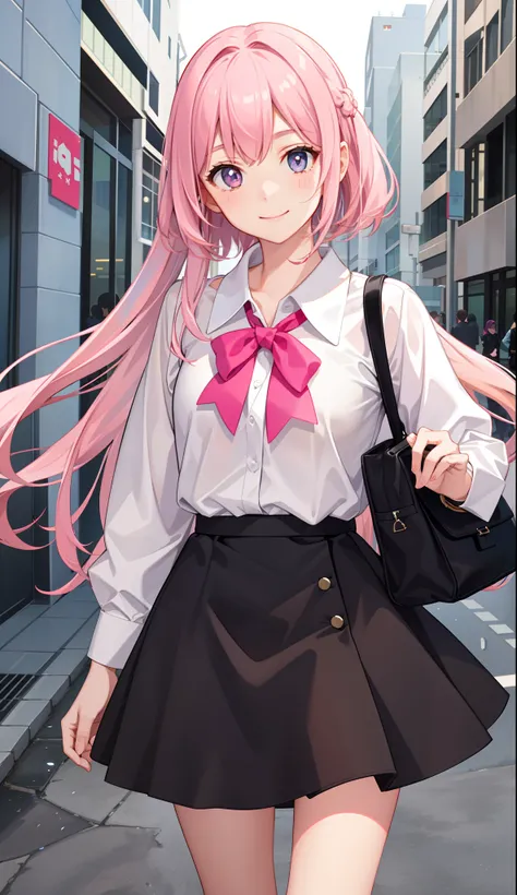 1girl in、A smile、A delightful!　The shirt、skirt by the、Pink hair（small tits）