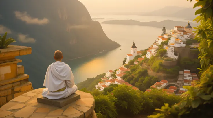 Monge Arafed sentado em uma rocha com vista para uma cidade e um rio, monge meditar, Monge budista meditando, Pray in meditation, hindu stages of meditation, Meditando, holy man looking down at the ground, Monge budista, Zen Meditation, meditation, Budismo...