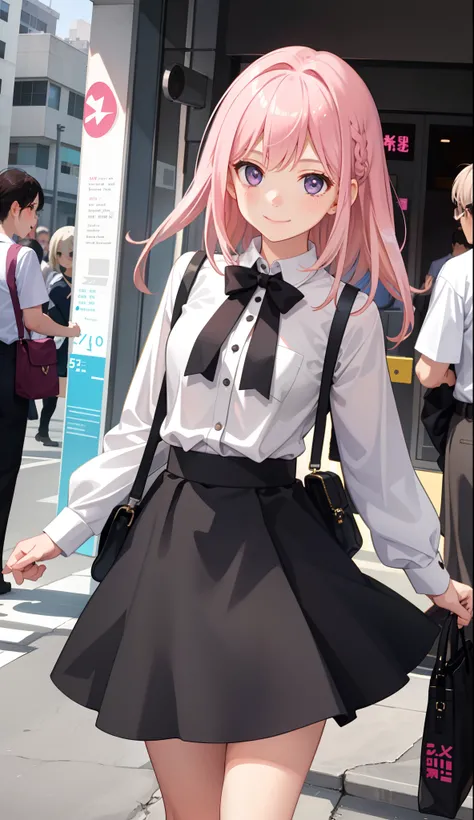 1girl in、A smile、A delightful!　The shirt、skirt by the、Pink hair（small tits）