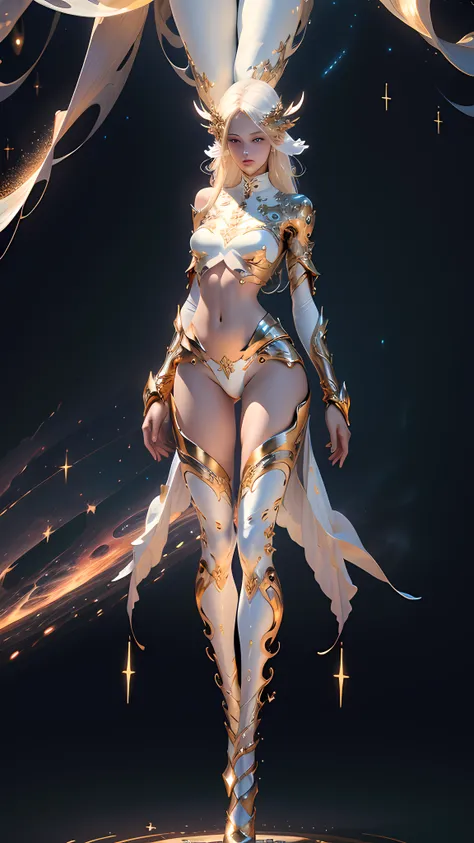 Masterpiece, highly creative digital CG work, a beautiful and proud human void goddess, supermodel, gorgeous clothes on gold patterns, full body white transparent bikini standing under the wild empty night stars, disappearing transparent pants, full body s...