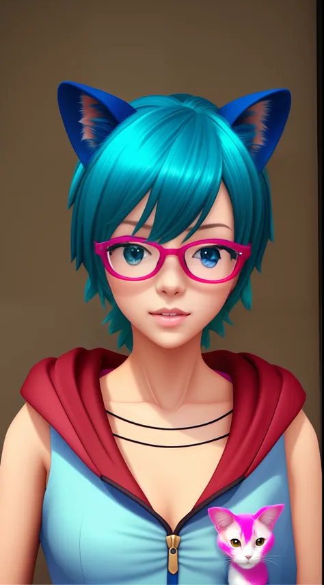 Anime girl with blue hair and glasses in front of a building, menina anime com orelhas de gato, gato anime, menina com orelhas de gato, gato anime realista, estilo anime semi-realista, Estilo anime 3D realista, gato anime bonito, anime moe artstyle, gato a...