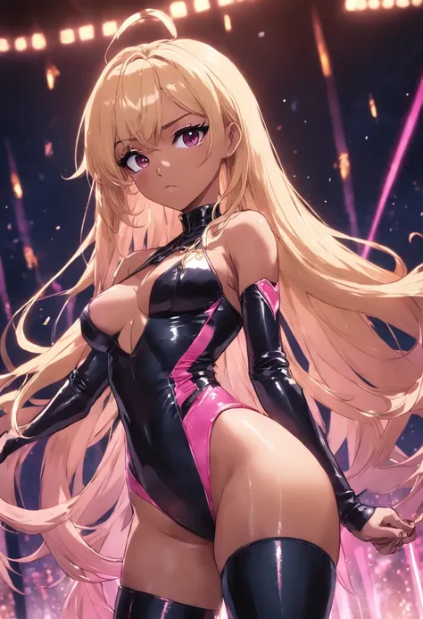 Black female with blonde hair, has pink highlights, wearing tight sexy clothing, cleavage, wearing thigh high boots, flowing hair highlighted hair, wearing makeup, is a pop star