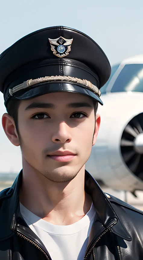 ((Men only)), (head shot), ((showing his abs)), (handsome muscular man in his 30s), (pilot), (The pilot wears white jacket, adorned with insignia, complemented by a fitted white cap), (airplane in the background), (Chris Redfield), (Mischievous smile), (de...