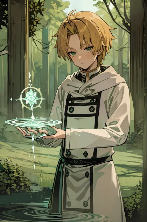 tarot card, rudeus_greyrat, green eyes, blonde hair, gray robes, white shirt, magician, mage, standing, (holding magic staff), magic, (water bending, using abilities), forest, upper body, ((masterpiece)), high detailed illustration, high detailed backgroun...