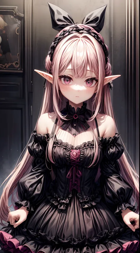 Elf wearing lolita dress. Its pink and black color palette weaves a striking contrast, while the fluffy skirt exudes an almost whimsical charm. The shoulders remain gracefully bare, a nod to elegance. Adorned profusely with ribbons, this embodiment capture...