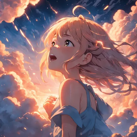 masterpiece, best quality, movie still, 1girl, cloud girl, floating in the sky, close-up, bright, happy, warm soft lighting, sunset, (sparks:0.7)