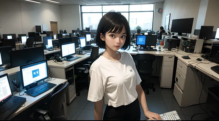 Masterpiece, top quality, 1 lady,  20-years-old, ((short-hair)), ((Computer Lab))