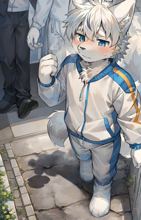 独奏, shaggy, shaggy male, malefocus, (Full Body Furry, Fluffy tail,  White fur, Light blue eyes, light white hair:1.2), (Small felines、track suit：1.2），jogging，underage，Handsome，adolable，The picture is delicate，Highest picture quality，Delicate painting style...