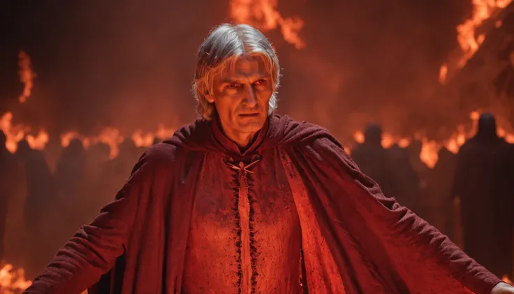 "Dante Alighieri standing in the fiery depths of the seventh circle of hell, surrounded by tortured souls, engulfed in flames, with a haunting, infernal atmosphere."