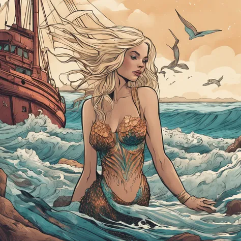 blonde mermaid with blue eyes. embraced by a ship captain. beachside scene with rocks