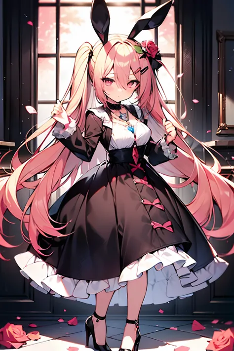 ((masutepiece, Best Quality)), maidennurse, Standing Full Body Main View、blondehair, double ponytails, Pink eyes, bangs between the eyes、Black rabbit ears, Black white and rose red clothes, clothing style: Dress, Rose hair ornament、Pink Rose, Crystal Penda...