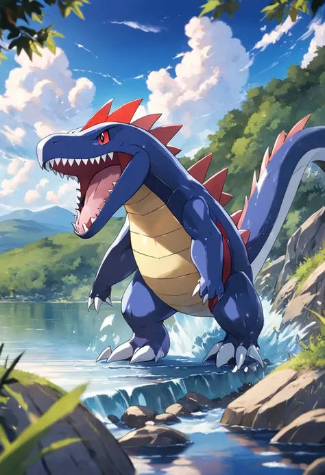 "Generate an image with the pokemon Garchomp by a relaxing lake, com uma majestosa montanha ao fundo. (POkemon Garchomp by the lake, Relaxing setting, majestosa montanha ao fundo)"