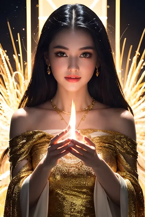 Golden Goddess Freyer, Majestic Goddess of Love and Magic, Her eyes shine with mysterious power.Her hands shine warm and charmingly.Her presence is a light of hope and joy.Her golden aura is、It is a sparkling aura of love and protection.Shooting star brill...