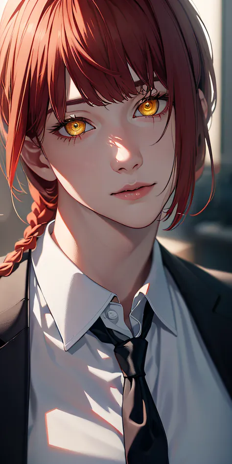 masterpiece, (photorealistic:1.4), best quality, beautiful lighting, makima \(chainsaw man\), (red hair)+(long braided hair)+(ba...