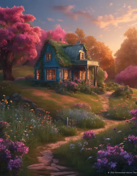 a drawing，The painting depicts a house with flowers in the middle of a field, Digital art inspired by Yevgeny Lushpin, pixabay contest winner, Fantasy art, cottagecore!!, beautiful house on a forest path, beatiful house, cottagecore, idyllic cottage, fundo...