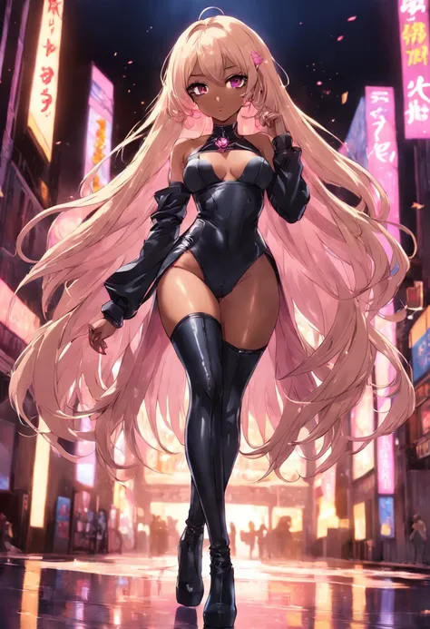 Black female with blonde hair, has pink highlights, wearing tight sexy clothing, cleavage, wearing thigh high boots, flowing hair highlighted hair, wearing makeup, is a pop star