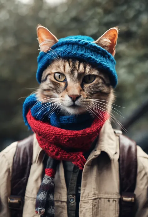 photo of a cat wearing a hat and scarf, trendy Art Station, dressed in punk clothes, hyper realistic detailed rendering, British gang member, urban style, intimidating pose, planet of cats, trendy clothes, urban samurai, meow, West Slavic traits, 8 1 5