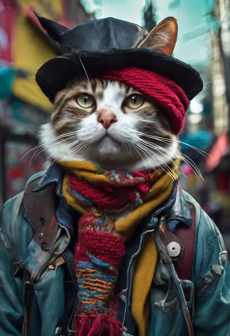 photo of a cat wearing a hat and scarf, trendy Art Station, dressed in punk clothes, hyper realistic detailed rendering, British gang member, urban style, intimidating pose, planet of cats, trendy clothes, urban samurai, meow, West Slavic traits, 8 1 5