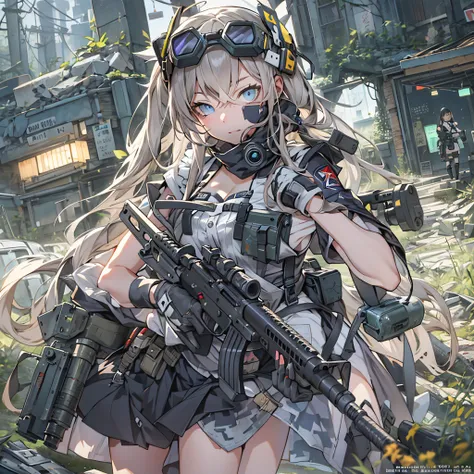 Anime maid girl standing in ruins、Equipped with night vision goggles、Equipped with night vision goggles、Alignment Made、Armed Angel Girl Frontline Style, from girls frontline, Fine details. girls frontline, girls frontline, girls frontline cg, infantry girl...