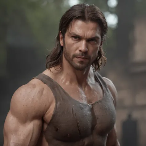 (Professional 3D rendering:1.3) de (Realistic:1.3) Foto de arte mais bonita do mundo，Features soft, bright male heroes, ((Epic hero fantasy rough muscular man wet hero angry look long hair short beard and fierce expression in dynamic pose, fantastic locati...