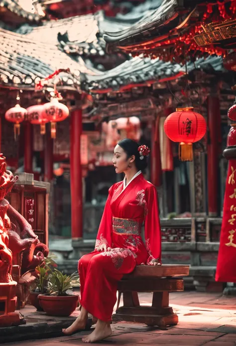 oriental girl，Pool，Red cheongsam swimsuit