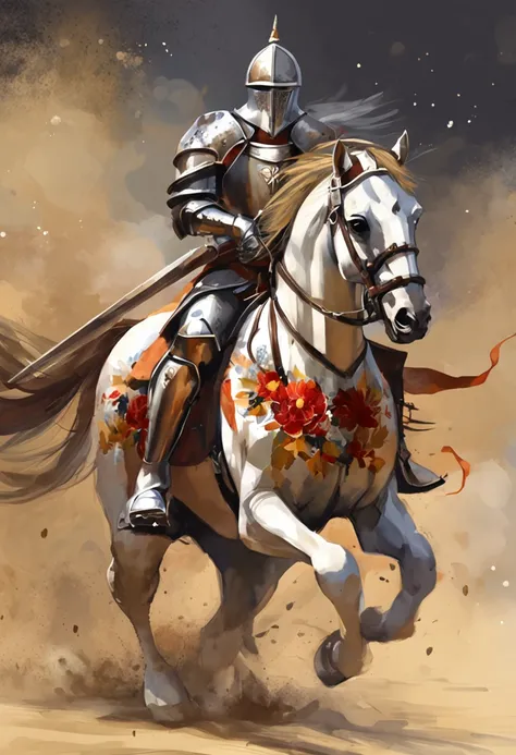 (Solemn royal knight),Armor，ride horse，The formation is neat,borgar，The foreground is a small flower，The front shadow is blurred，depth of fields，tmasterpiece，Light and shadow effects，Movie special effects