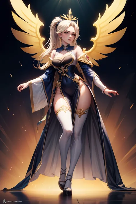 mulher loira, de descendencia inglesa, de roupa estilo oriental preto chines, xianxia de corpo inteiro, asas brancas angelicais, decote, expressao nervosa, peitos grandes, bunda grande, estilo cartoon,njo majestoso de corpo inteiro, tall female angel, desi...