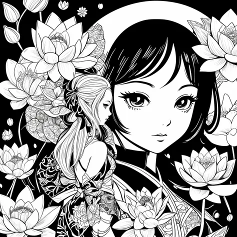 Black and white stick figure girl with lotus flower in background, loli in dress with flowers, its fine ink line art, comic style, portrait of magical marilyn munroe beautiful line art, black and white comic style, manga style, manga art style, pencil and ...