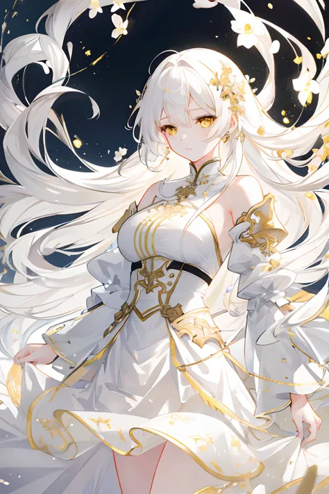 an extremely delicate and beautiful CG illustration, best quality, high resolution, dynamic angle, full-length shot, (1girl), yellow eyes and straight long white hair, floating, soft light, high-key lighting)