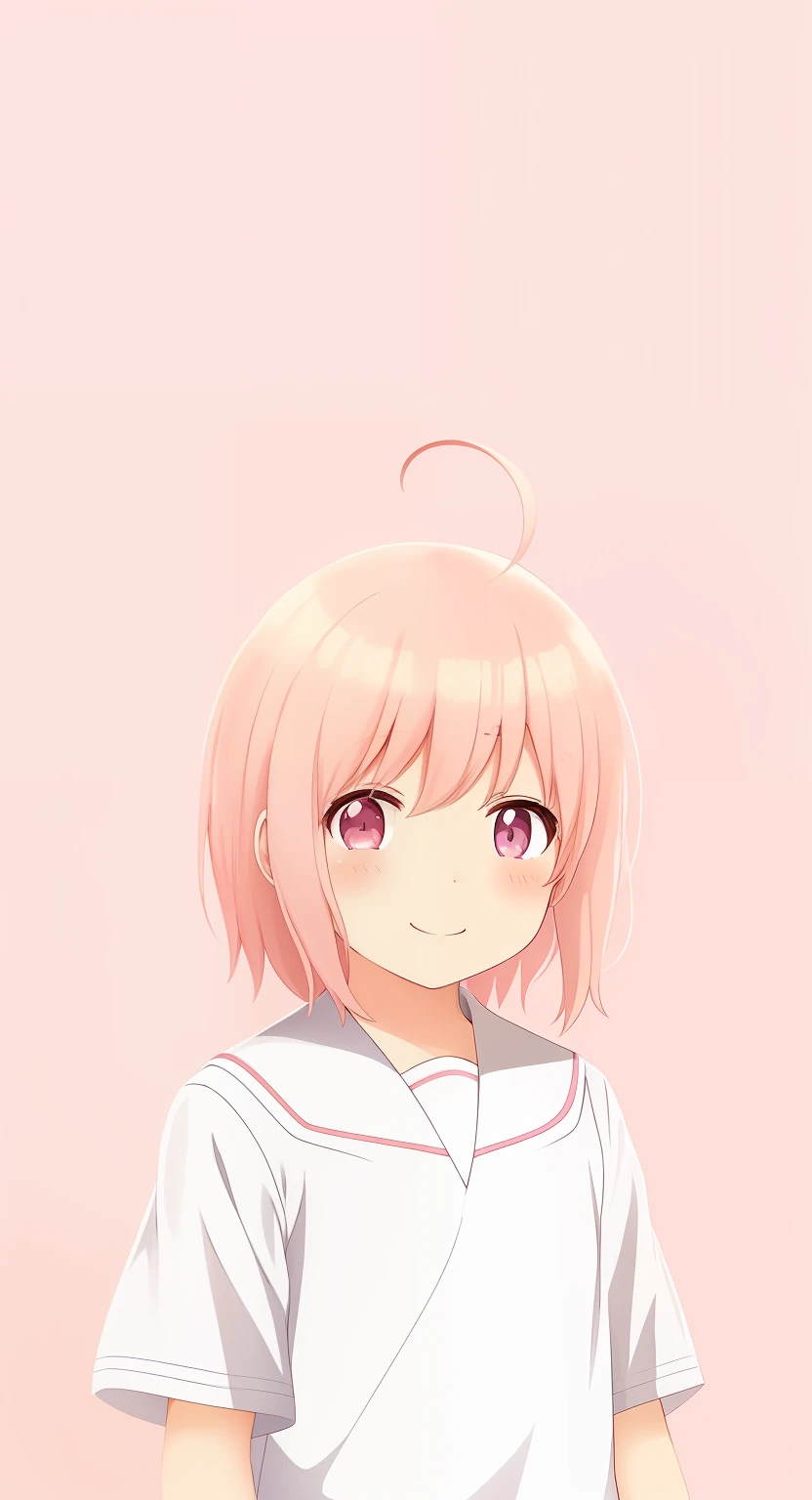 Imagem de uma menina de anime fofa, wearing white japanese school uniform, Shy, ela tem cabelo curto rosa com um ahoge, Ela tem olhos azuis, and has a shy smile on his face, imagem bonita e detalhada, em um fundo cinza