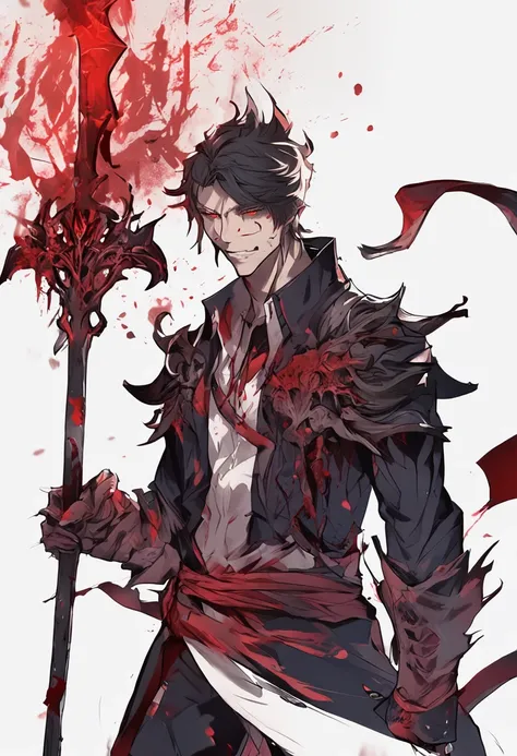 anime character with a staff and a beard, handsome guy, detailed anime character art, vampire portrait, beautiful male god of death, fit male demon with bloodied fangs.