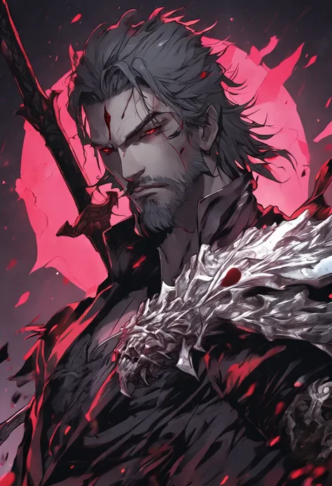 anime character with a staff and a beard, handsome guy, detailed anime character art, vampire portrait, beautiful male god of death, fit male demon with bloodied fangs.