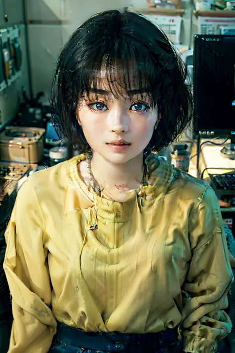 (top-quality、8k、32k、​masterpiece、UHD:1.2)、Photo of a cute Japanese woman、very short bobbed hair、The upper part of the body、sface focus、oversized_sweater、a necklace、simple background、From  above、looking at the viewers、A computer is in the background、workpla...