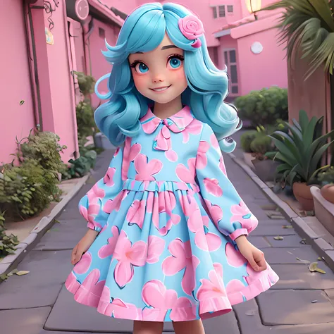 um loli menino, your hair is loose, cabelos longos, pavor, cabelos castanhos, olhos esverdeados, unicorn print dress, roupas leves, corpo inteiro, The background is filled with a pastel shade, evoking a sense of lightness and happiness.