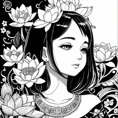 Black and white stick figure girl with lotus flower in background, loli in dress with flowers, its fine ink line art, comic style, portrait of magical marilyn munroe beautiful line art, black and white comic style, manga style, manga art style, pencil and ...