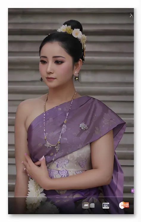 arafed woman in a purple dress with a flower in her hair, traditional beauty, sukhothai costume, draped in purple and gold silk, in style of thawan duchanee, draped in silky purple and gold, wearing sari, asian woman, south east asian with long, wearing a ...