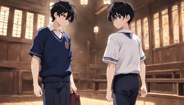 The boy wears a standard school uniform, com uma camisa branca de manga curta e gola em V, combined with a black pants.
Por cima da camisa, He wears a navy blue sweater with the school crest embroidered on his chest.
He complements the uniform with black s...