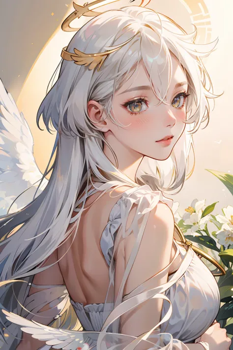 masterpiece, best quality, ultra-detailed, illustration, close-up, straight on, face focus, 1girl, white hair, golden eyes, long hair, halo, angel wings, serene expression, looking at viewer, large breast:0.9, side boobs:1.2, blushing,