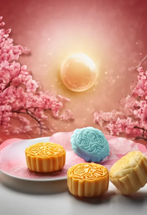 Commercial shooting, Cantonese egg yolk mooncakes, Mooncake size, poster for, Fresh style background, elegant, Booth lighting, Attractive, photorealistic colors, Ultra HD