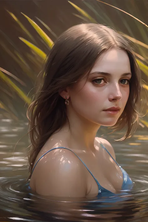 close up portrait of a cute woman (gldot) bathing in a river, reeds, (backlighting), realistic, masterpiece, highest quality, lens flare, shade, bloom, [[chromatic aberration]], by Jeremy Lipking, by Antonio J. Manzanedo, digital painting,