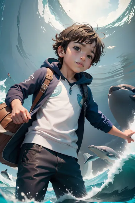 A viagem de Pip o pequeno aventureiro foi emocionante! He encountered playful dolphins and friendly whales during the trip. Algumas vezes, ondas gigantes assustavam o pequeno Pip, But he didnt give up. Make the background of the image with a blue sky.