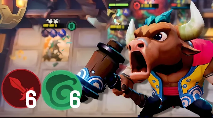 um close up de um touro com um martelo em um jogo, Captura de tela do videogame, atacando com machado, Tauren, dog - faced muscular goblin, Bloons TD 6 dardo macaco, Murloc tinyfin, holding huge mace, smoke billowing :6, Minotauro em armadura antiga, jogab...