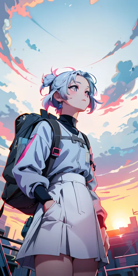 Anime girl with backpack looking up at the sky, portrait anime space cadet girl, loish art style, Digital anime illustration, anime vibes, Ross Tran style, Detailed fanart, style of anime4 K, anime styled digital art, Digital cyberpunk anime art。