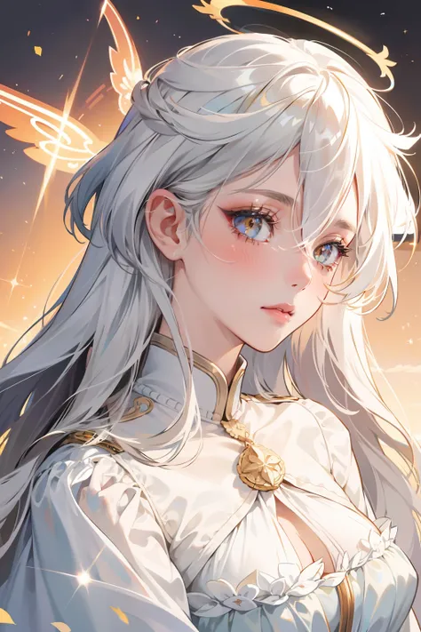 masterpiece, best quality, ultra-detailed, illustration, close-up, straight on, face focus, 1girl, white hair, golden eyes, long hair, halo, angel wings, serene expression, looking at viewer, moderate breast:0.9, cleavages, blushing,