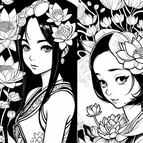 Black and white stick figure girl with lotus flower in background, loli in dress with flowers, its fine ink line art, comic style, portrait of magical marilyn munroe beautiful line art, black and white comic style, manga style, manga art style, pencil and ...