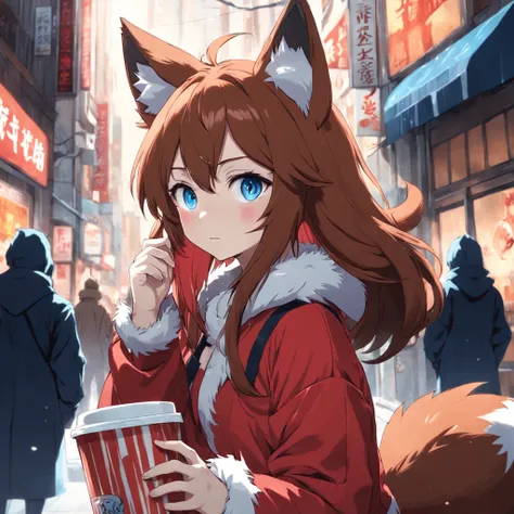 a brown-haired girl, blue eyes, wearing a red fox furry outfit, looking to the right of the camera, holding a large cup of coffee, cinematic anime, high quality